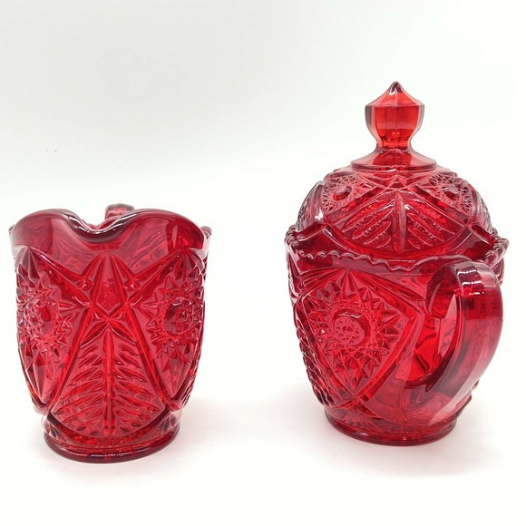 Vintage Red EAPG Glass Creamer and Sugar Bowl with Lid Deep Cut Design estate - Picture 7 of 9